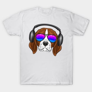 A cool beagle with glasses, headphones, music T-Shirt